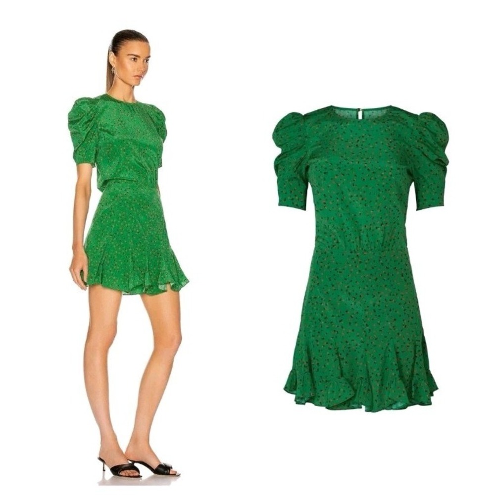 $595 Veronica Beard Lila Green Floral Puff Sleeve Ruffle Silk Mini Dress Size 6